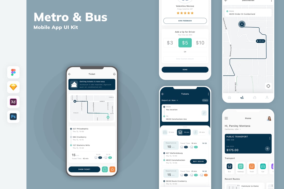 Download Metro & Bus Mobile App UI Kit Figma Design