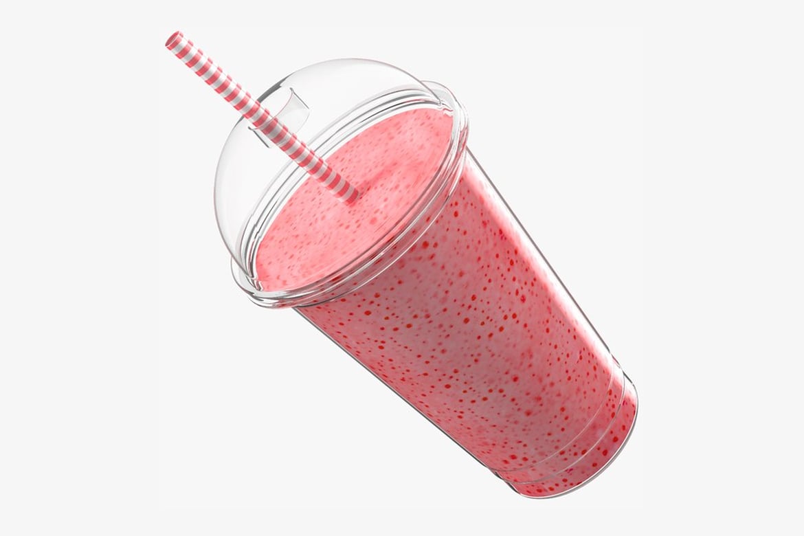 Download Milk Shake Strawberry, Clear Plastic Cup with Domed Lid, Striped Straw, and Pinkish-Red Beverage 3D Model