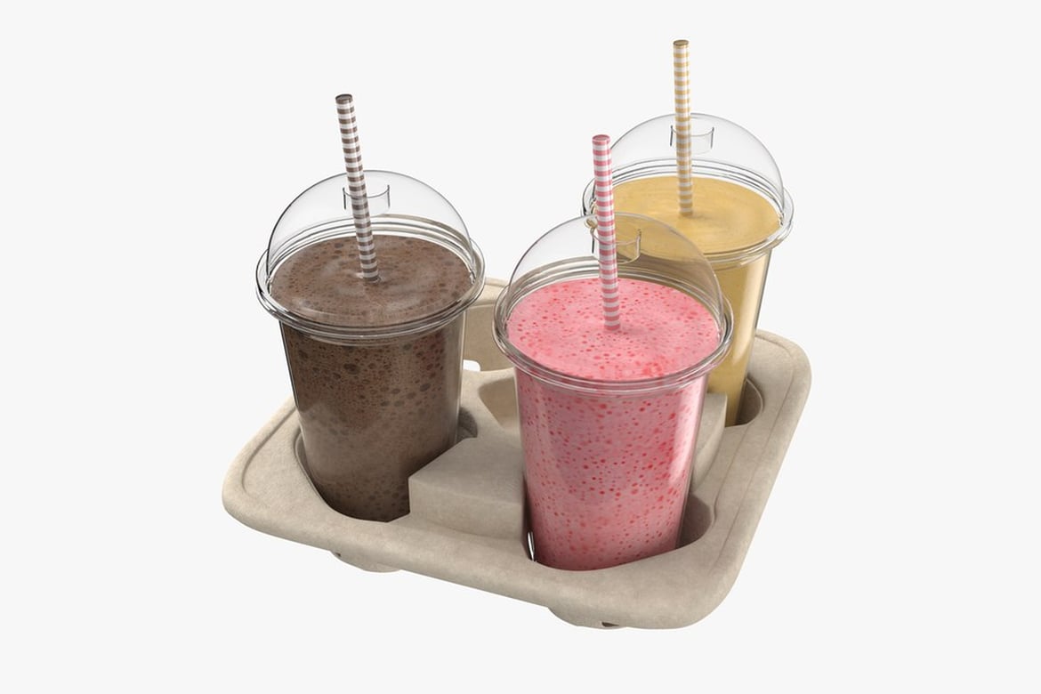 Download Milkshakes Tray, Cardboard Carrier with Three Smoothies in Plastic Cups 3D Model