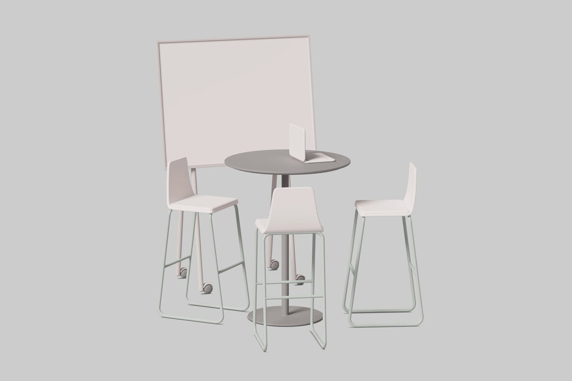 Download Minimalist Scene with Round Table, Chairs, and Whiteboard 3D Model