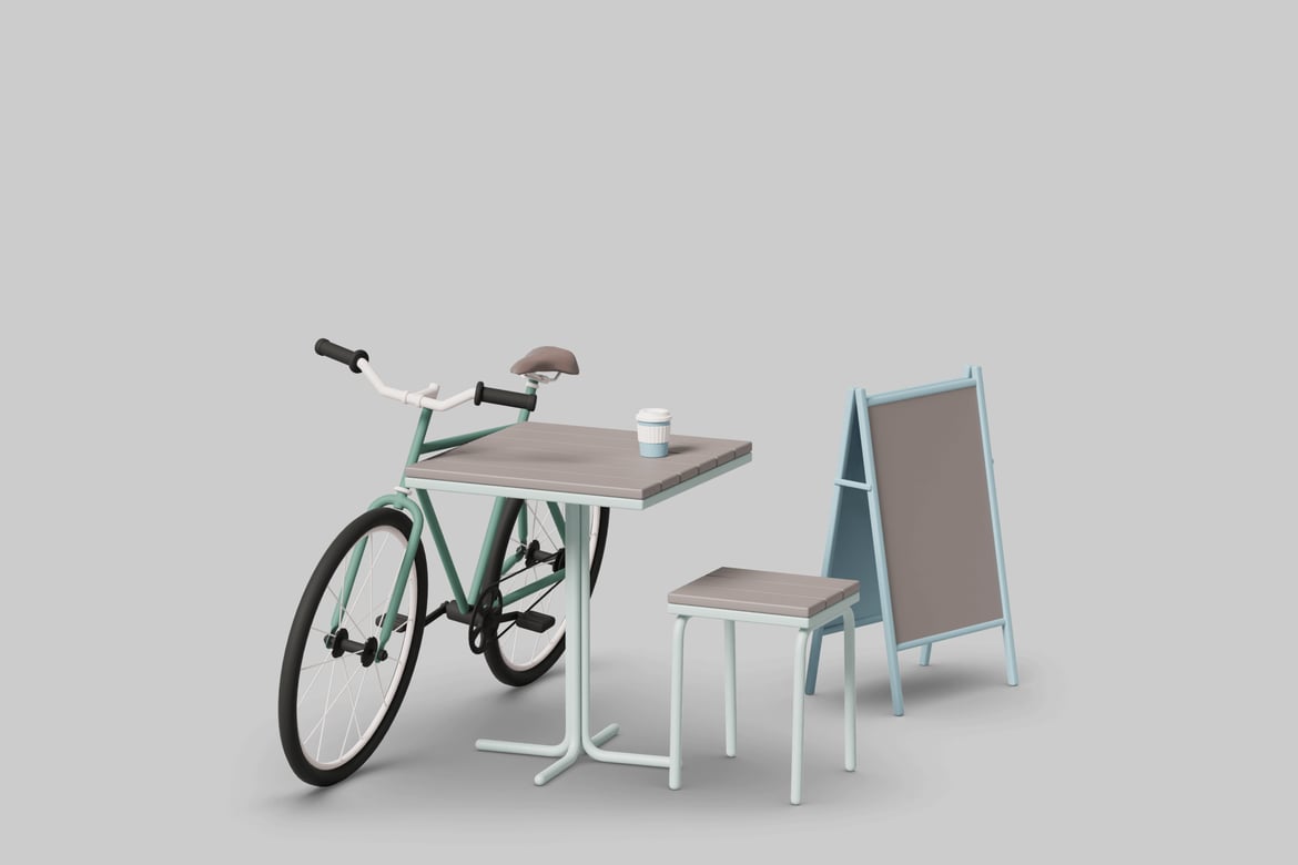 Download Minimalist table, chair, and bicycle with cup 3D Model