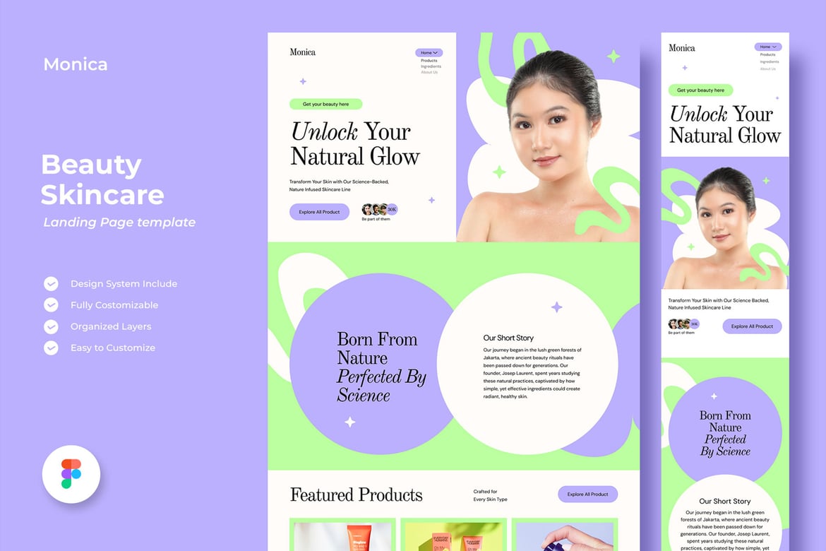 Download Monica - Beauty Skincare Landing Page Figma Design