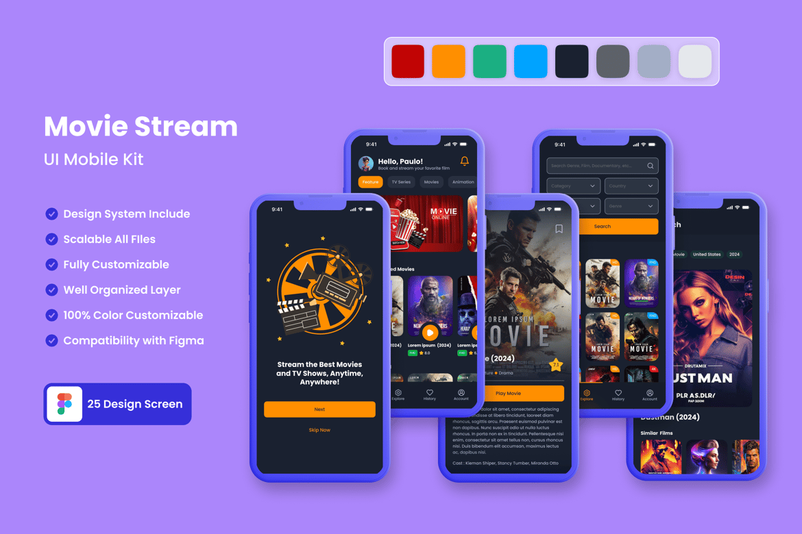 Download Movie Streaming Mobile App UI KIT Figma Design