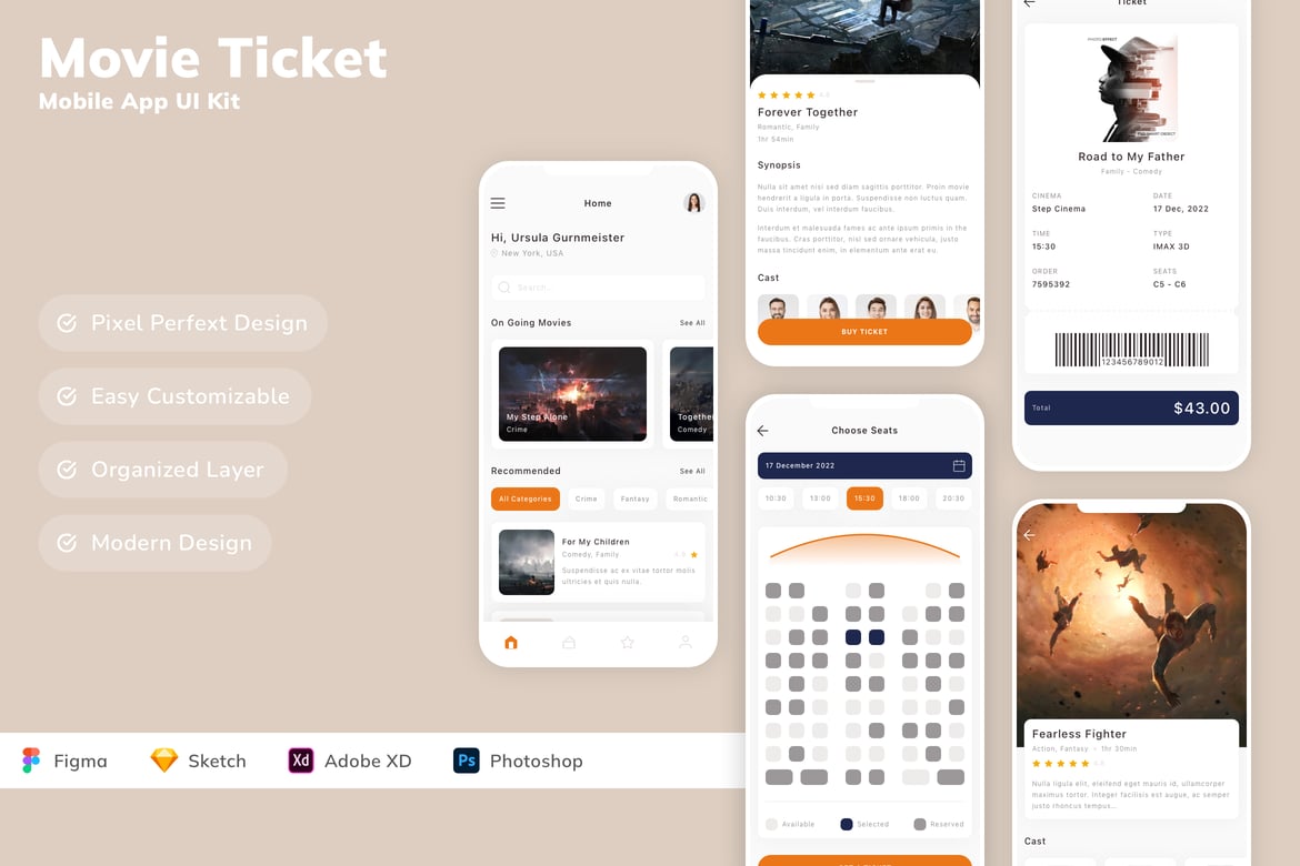 Download Movie Ticket Mobile App UI Kit Figma Design