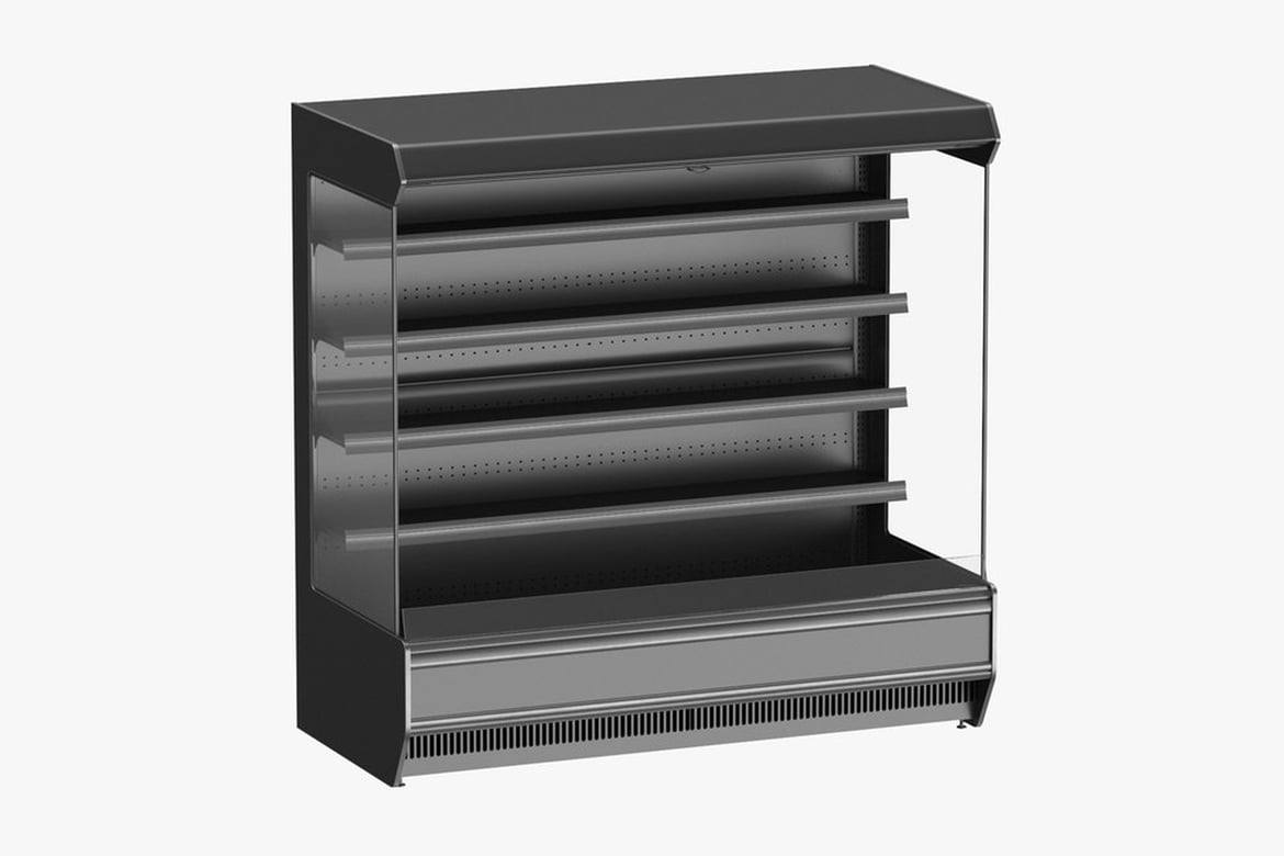 Download Multideck Open Chiller Wall Small Medium and Large, Black Display Case with Illuminated Interior and Shelving 3D Model