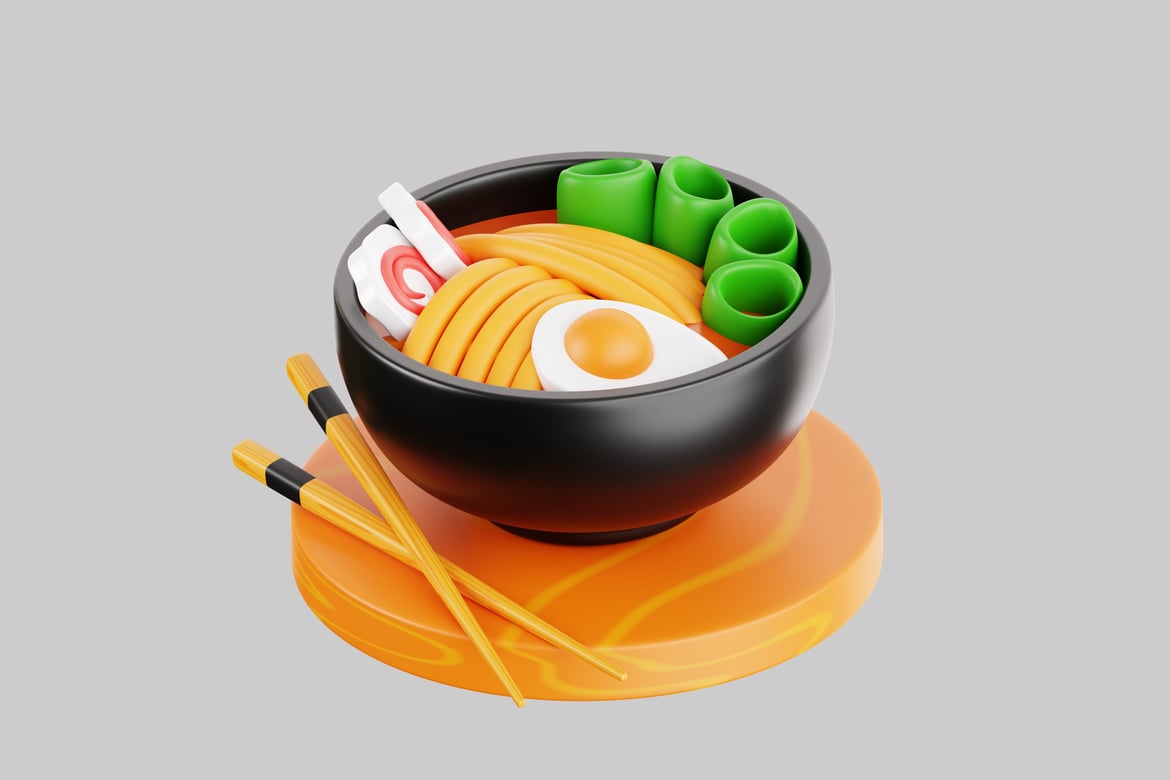 Download Noodles with egg, vegetables and chopsticks 3D Model