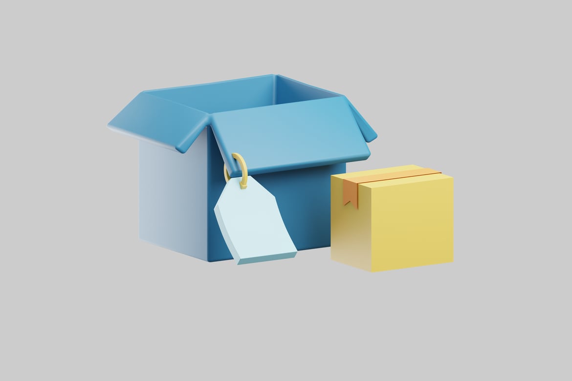 Download Open blue box with tag and closed yellow box 3D Model