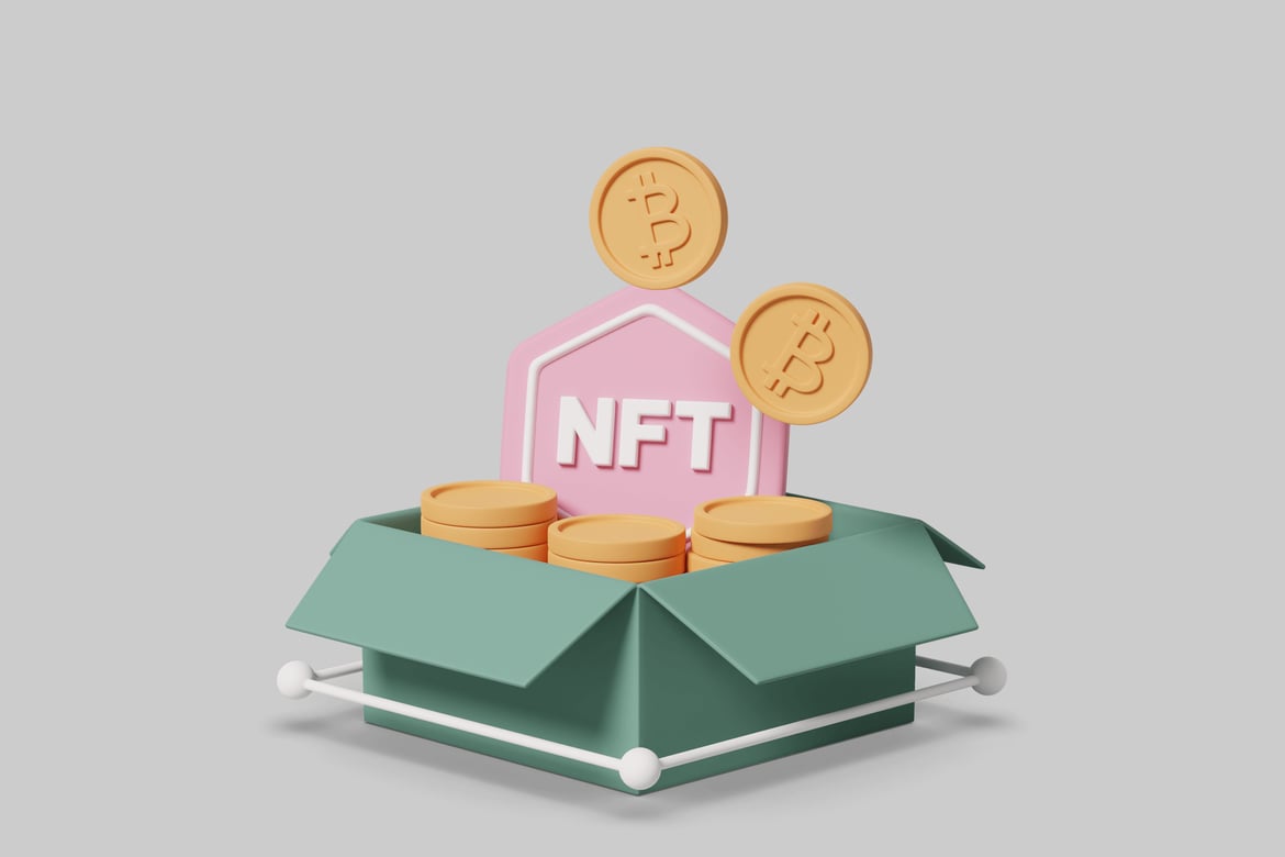 Download Open box with gold coins and NFT tag 3D Model