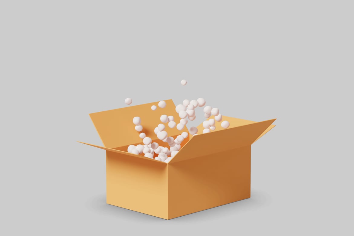 Download Open cardboard box with white spheres. 3D Model