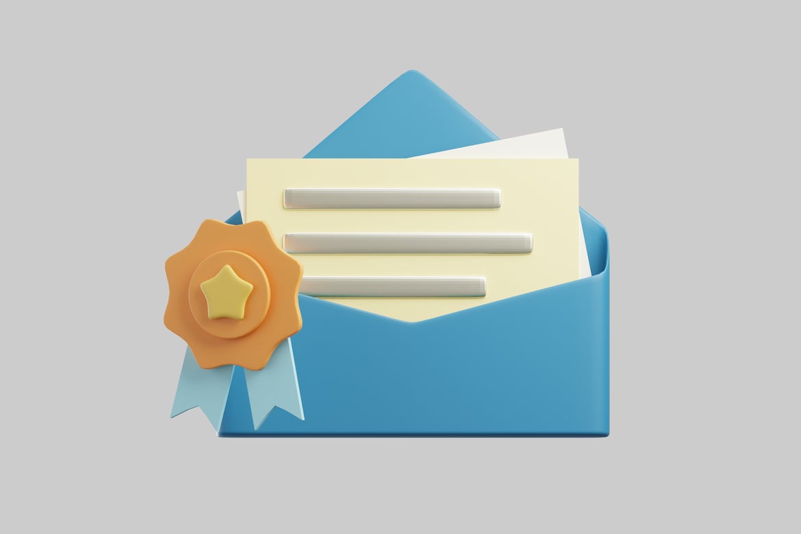 Download Open envelope with yellow paper and gold star award ribbon 3D Model