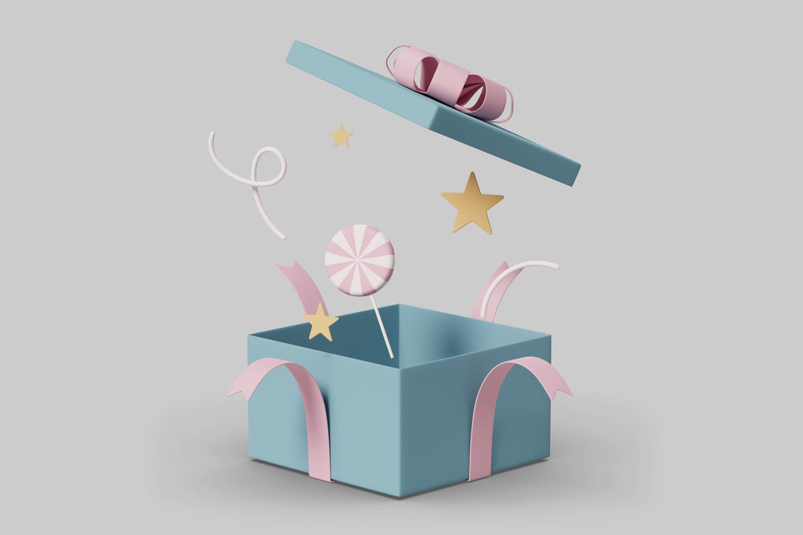 Download Open gift box with lollipop and other objects 3D Model