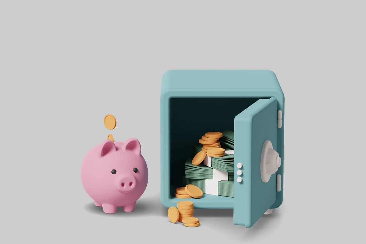 Download Open safe with gold coins and piggy bank 3D Model