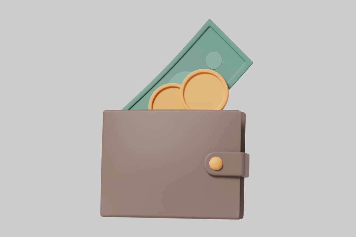 Download Open wallet with gold coins and a green bill 3D Model