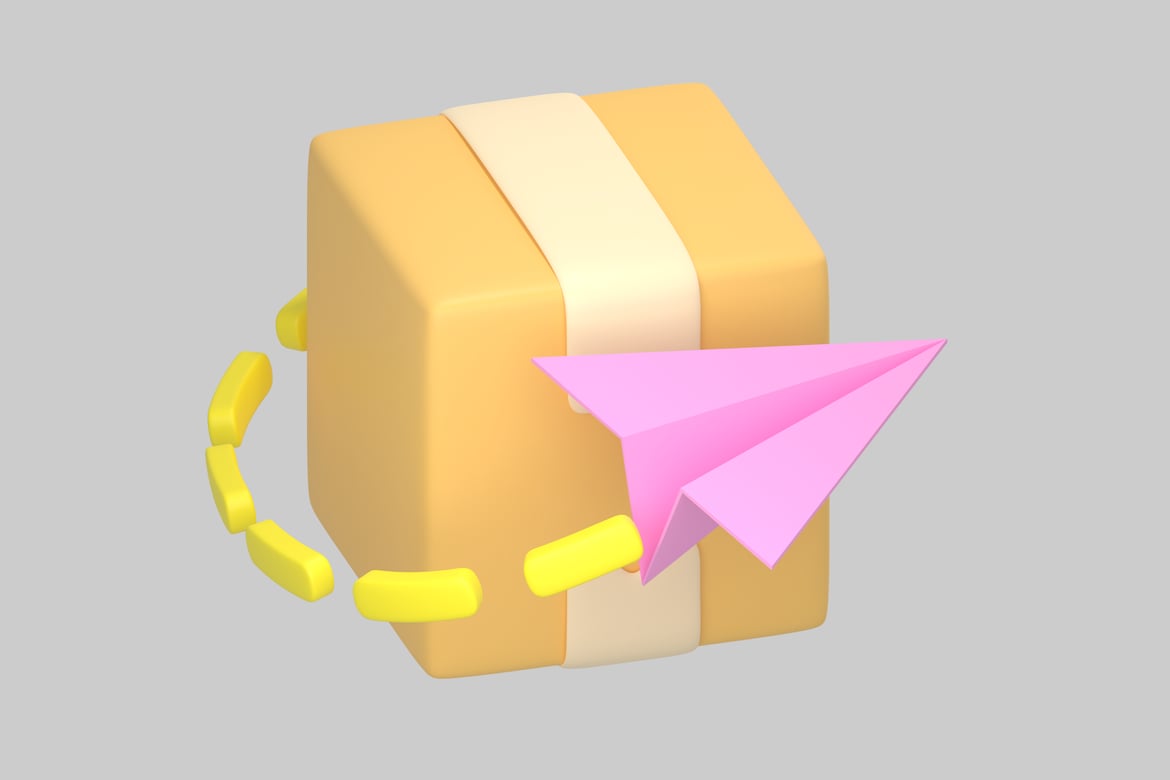 Download Package with a paper airplane flying towards it. 3D Model