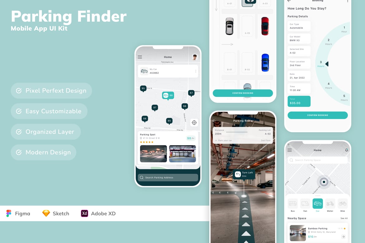 Download Parking Finder Mobile App UI Kit Figma Design