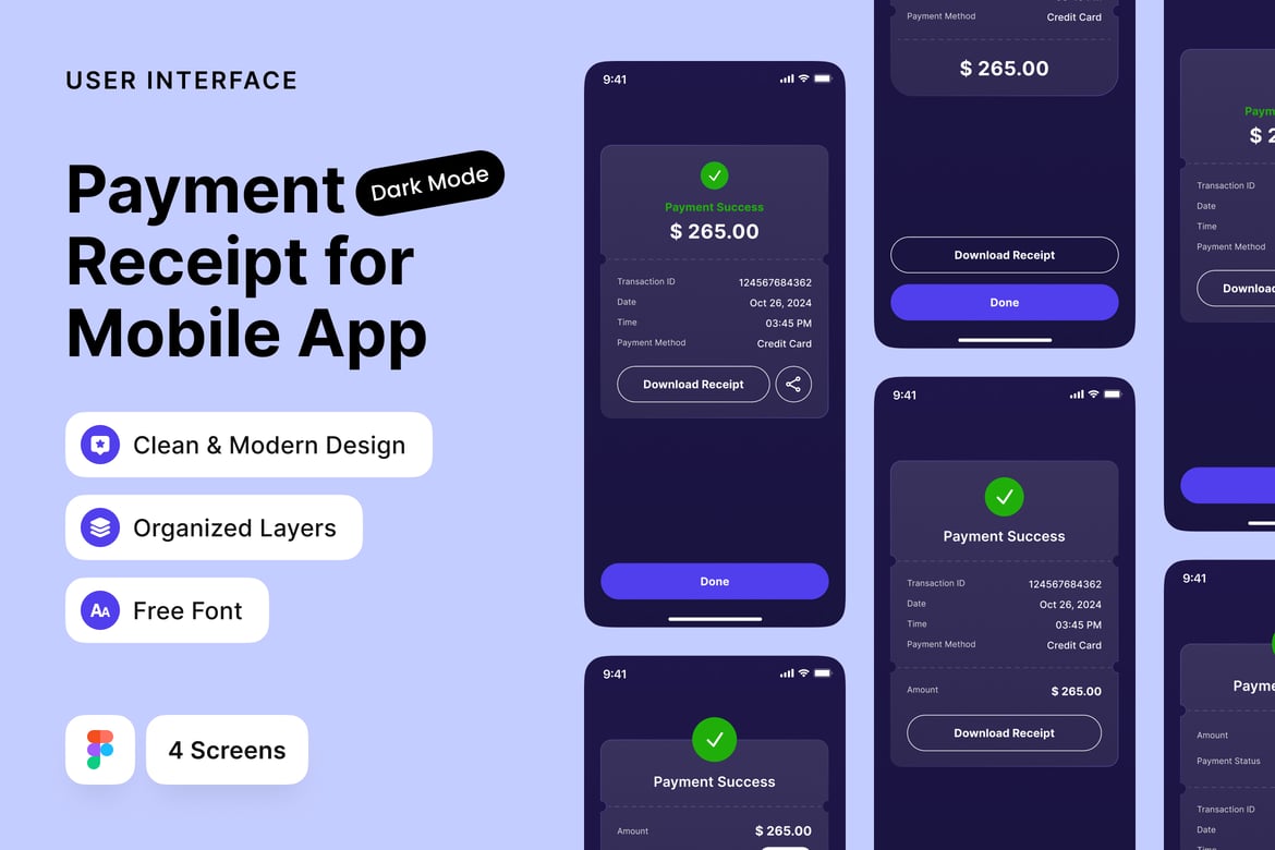 Download Payment Receipt Mobile App - Dark Mode Figma Design