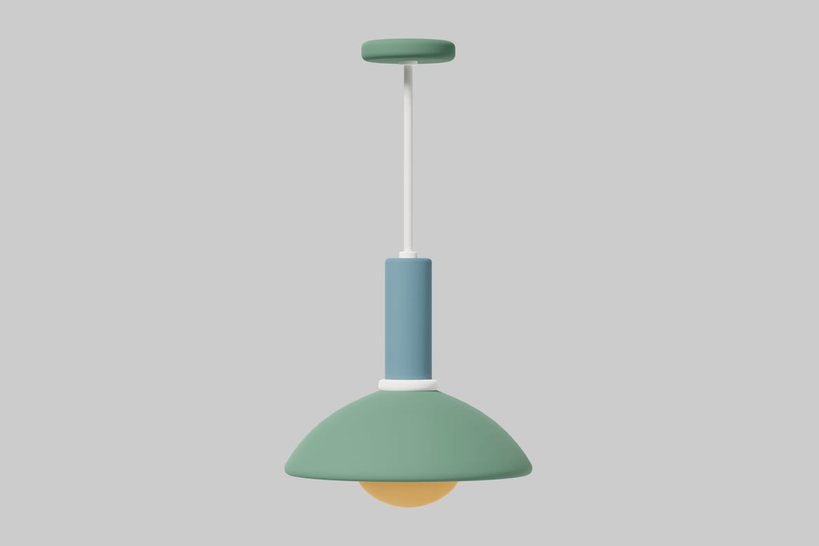 Download Pendant light fixture with green dome-shaped shade and cylindrical stem 3D Model