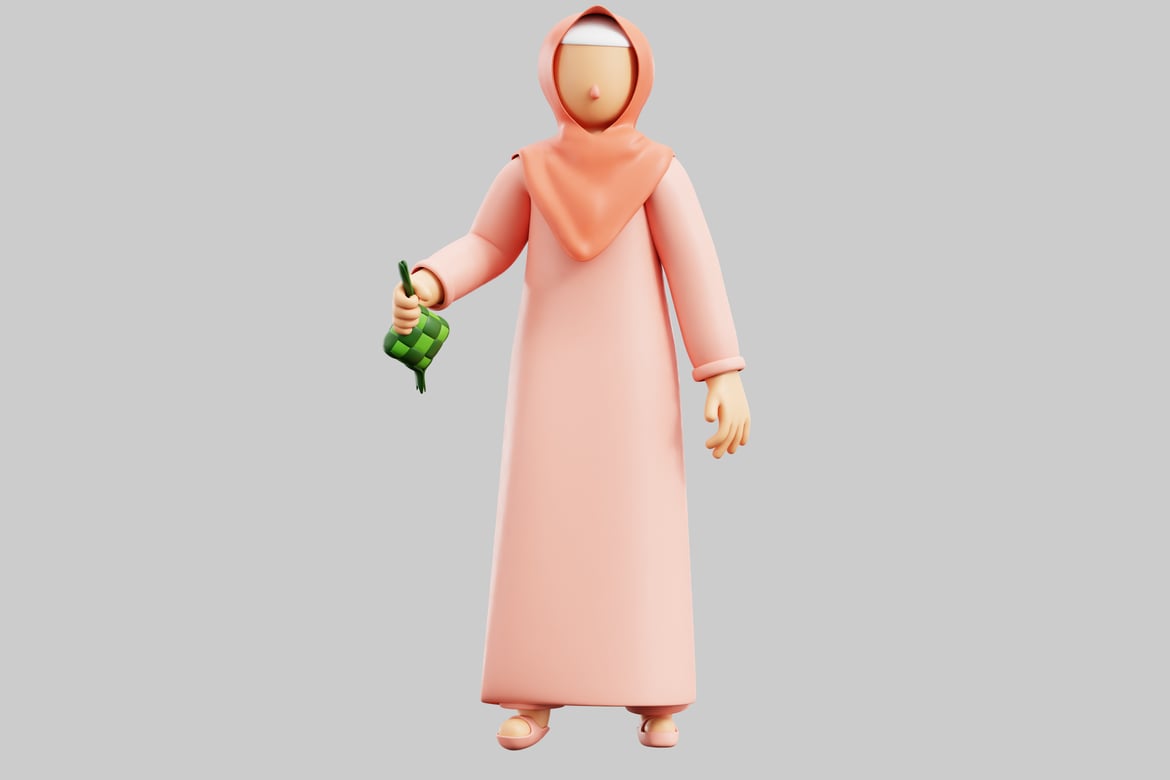 Download Person in a pink robe and headscarf holding a ketupat 3D Model