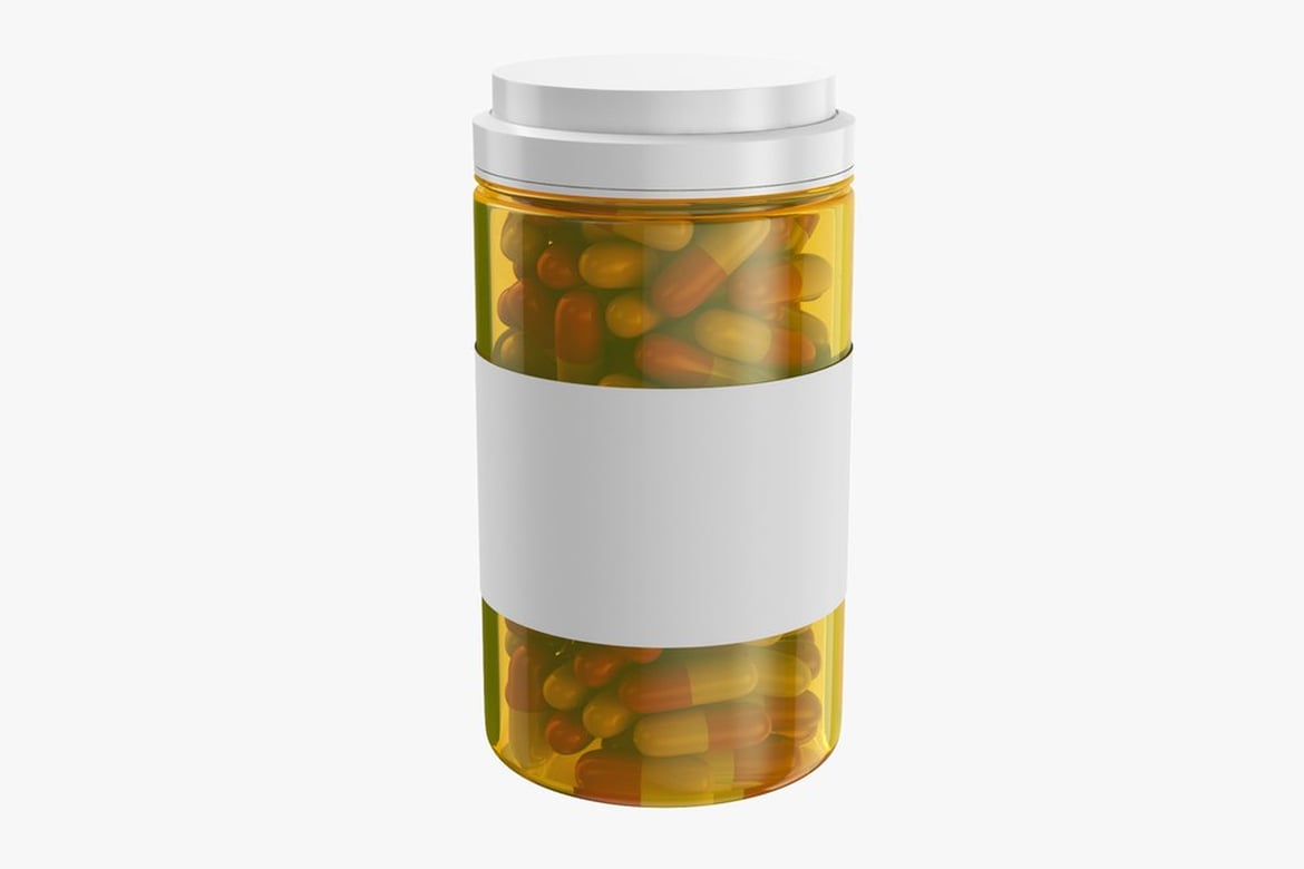 Download Pills Bottle, Transparent Cylinder with Colorful Capsules and Blank Label 3D Model