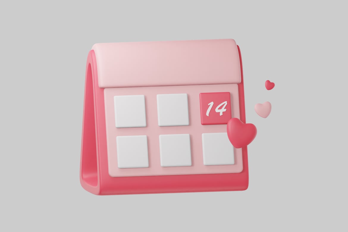 Download Pink calendar with number 14 and hearts 3D Model