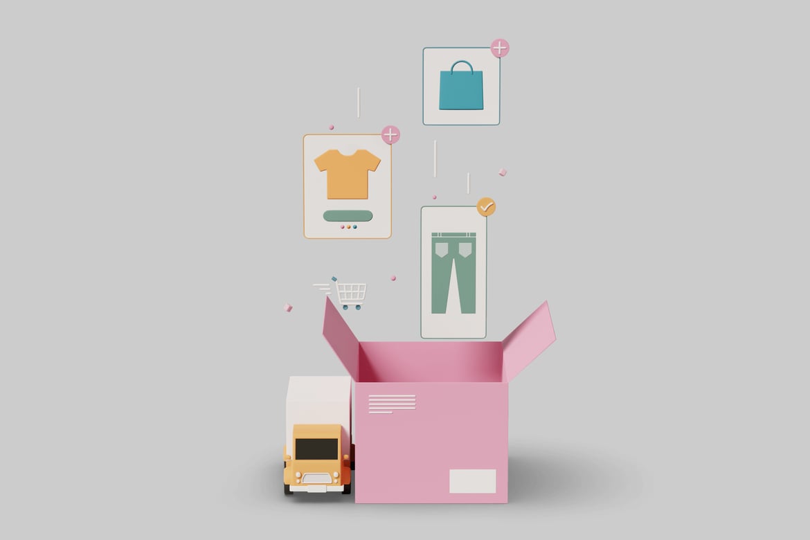 Download Pink cardboard box with yellow truck and shopping icons. 3D Model