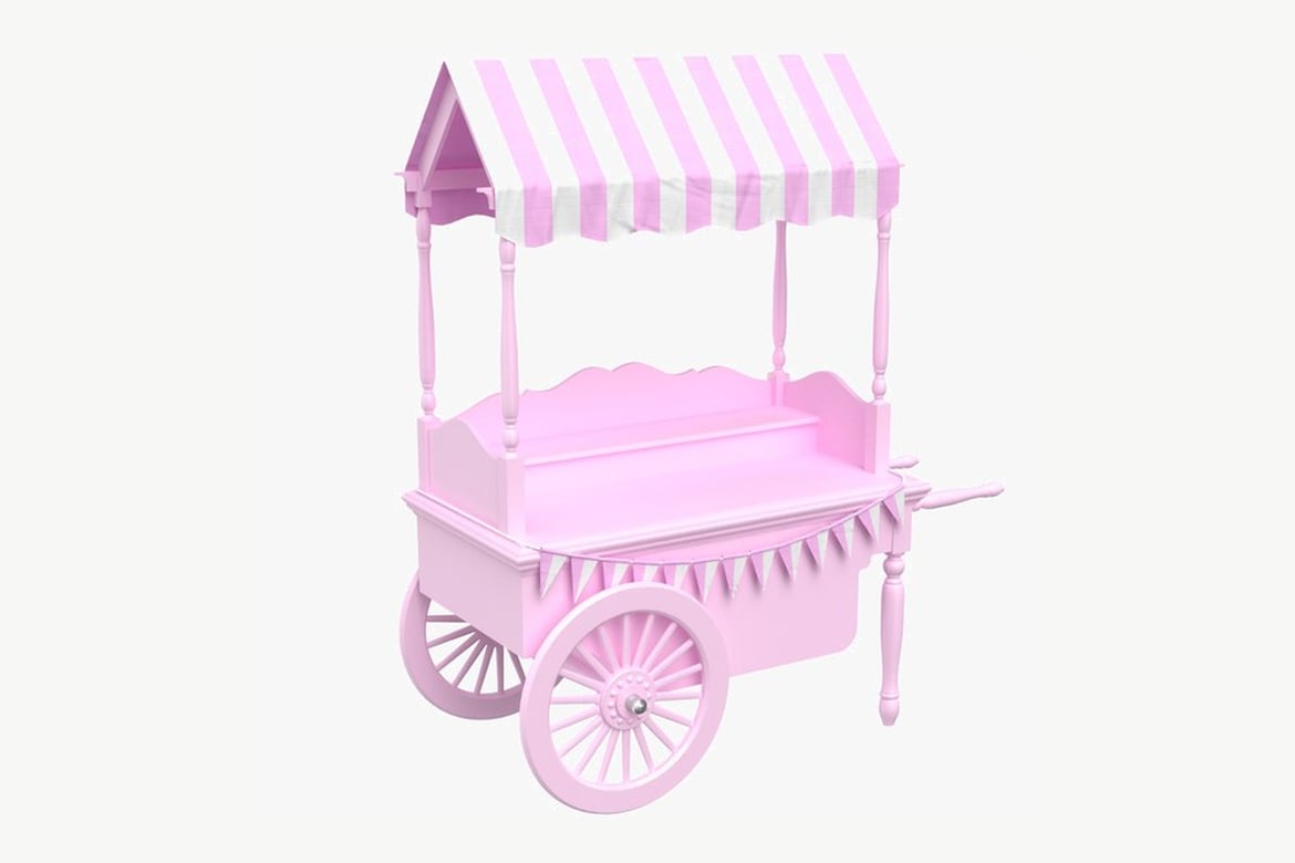 Download Pink Cart with Striped Awning and Decorative Elements 3D Model