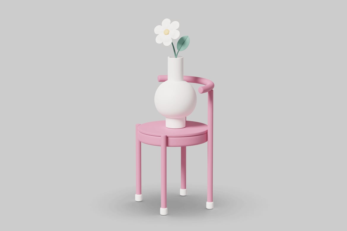 Download Pink chair with white vase and flower 3D Model