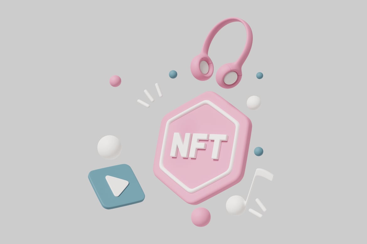 Download Pink hexagon with NFT letters and headphones 3D Model