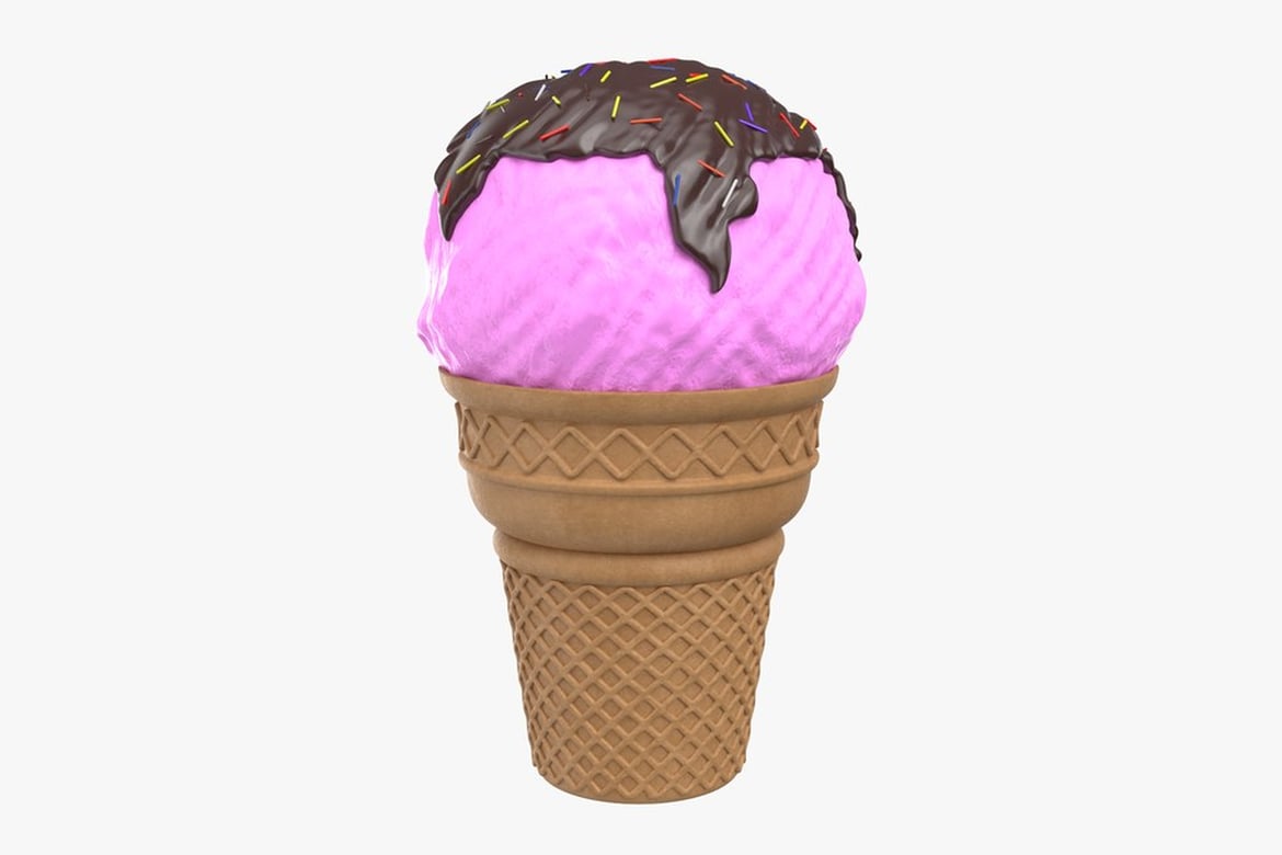 Download Pink Ice Cream with Chocolate Drizzle and Sprinkles in Waffle Cone 3D Model