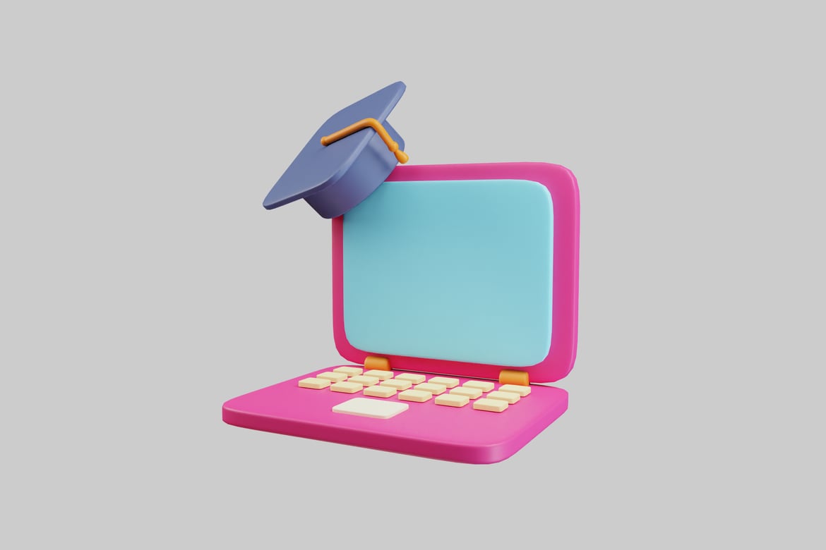 Download Pink laptop with a blue screen and a graduation cap 3D Model