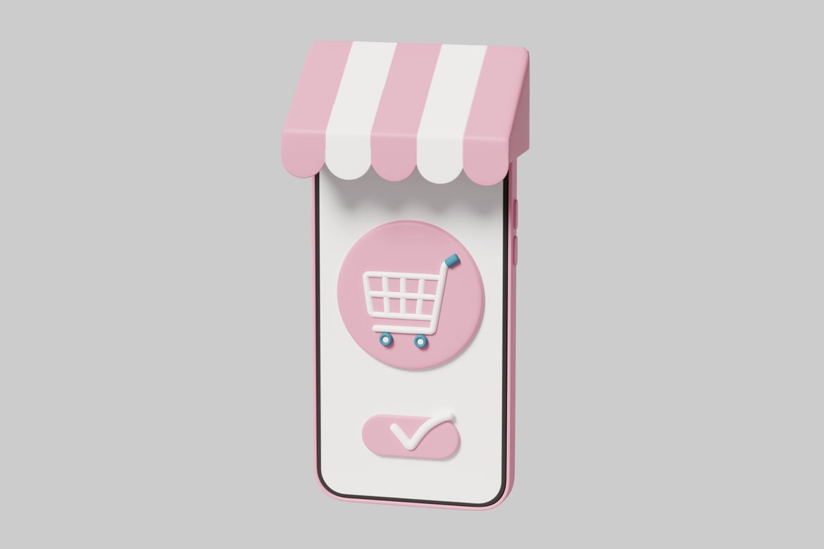 Download Pink smartphone with white shopping cart icon on screen. 3D Model