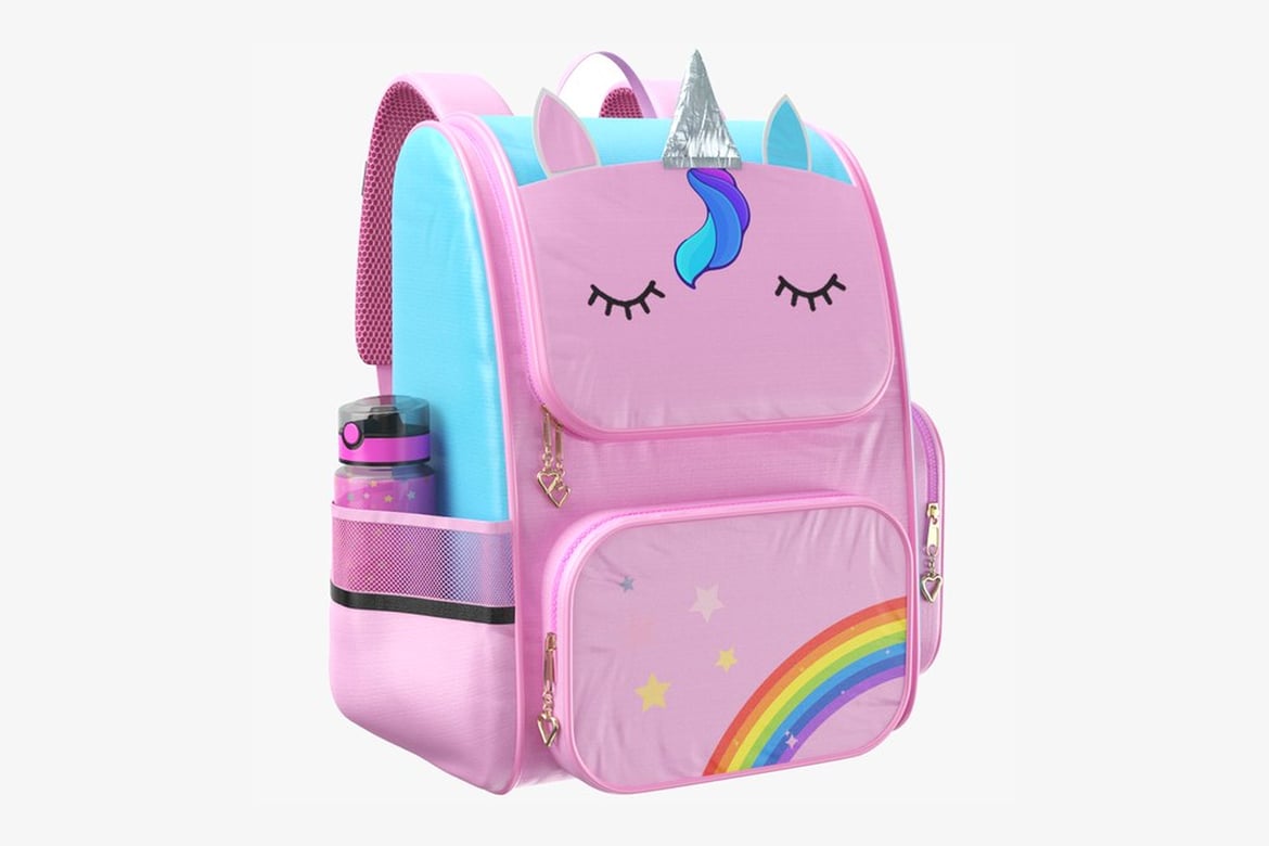 Download Pink Unicorn Backpack with Rainbow Accents and Water Bottle 3D Model