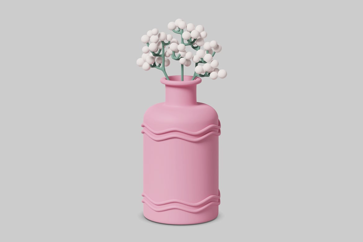 Download Pink vase with wavy design and white flowers 3D Model