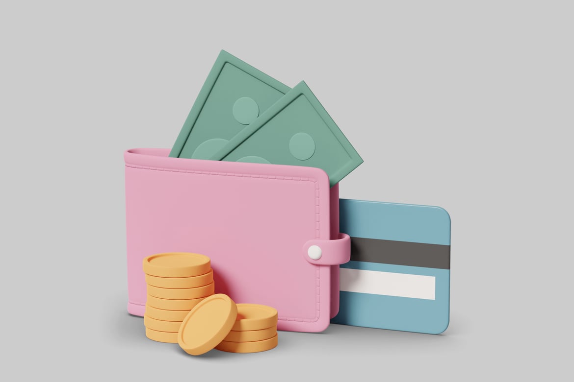 Download Pink wallet with blue credit card and gold coins 3D Model