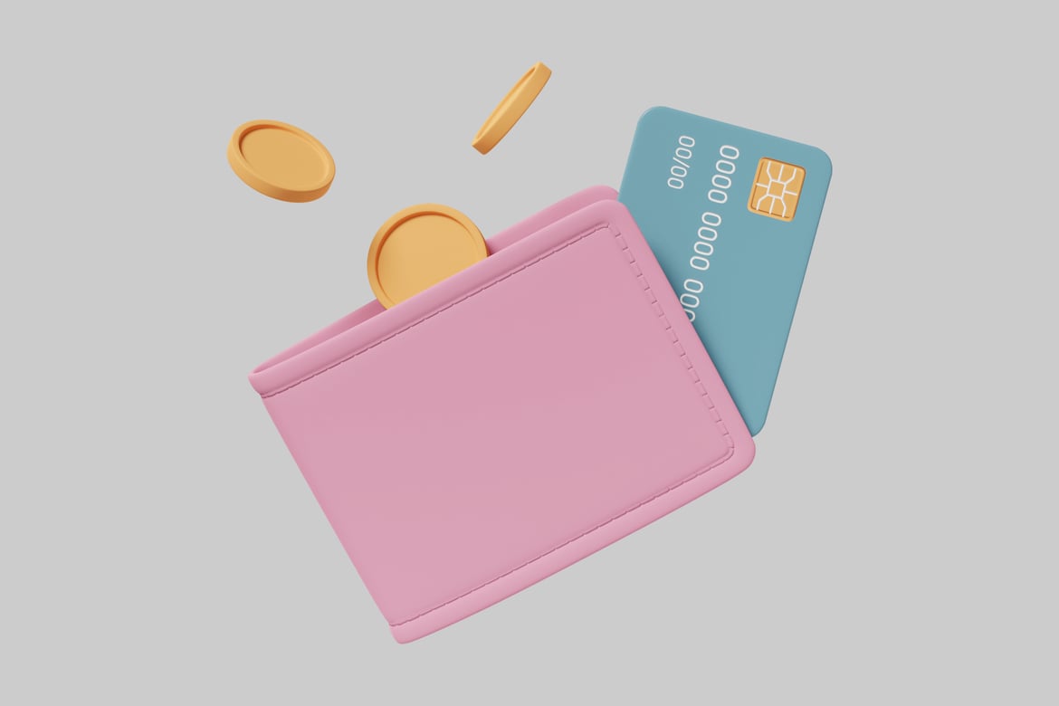 Download Pink wallet with credit card and gold coins 3D Model