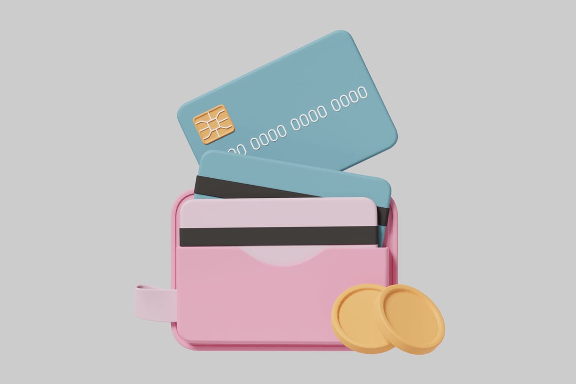 Download Pink wallet with credit cards and gold coins. 3D Model