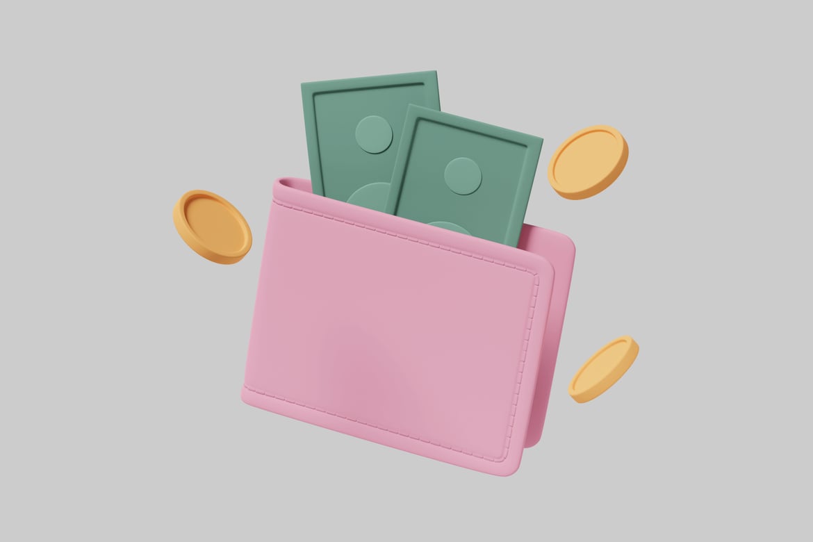 Download Pink wallet with green bills and gold coins 3D Model