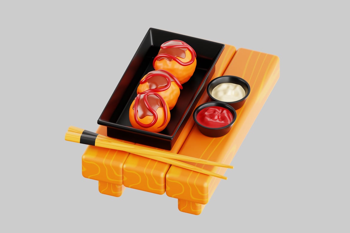 Download Plate of food with dipping sauces and chopsticks 3D Model