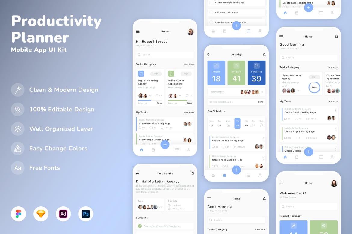 Download Productivity Planner Mobile App UI Kit