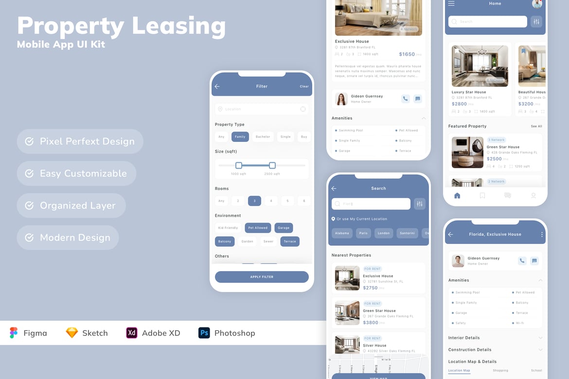 Download Property Leasing Mobile App UI Kit Figma Design