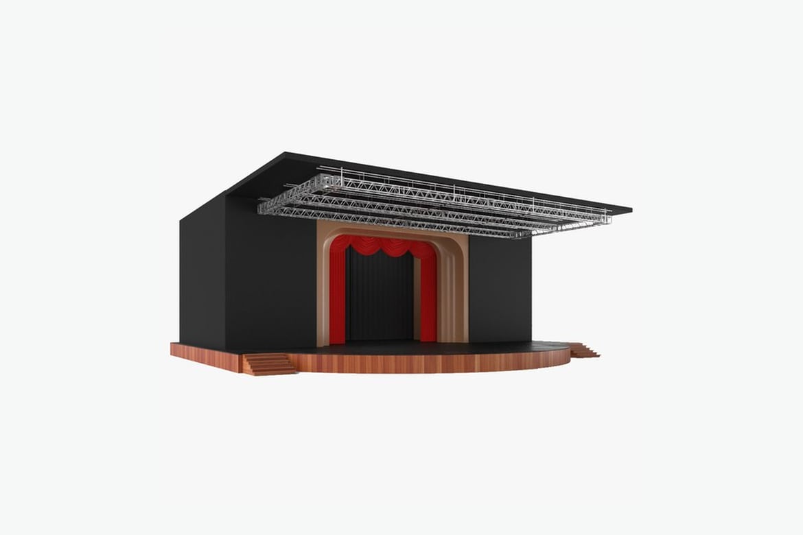 Download Proscenium Stage with Red-Bordered Curtain and Metal Truss 3D Model