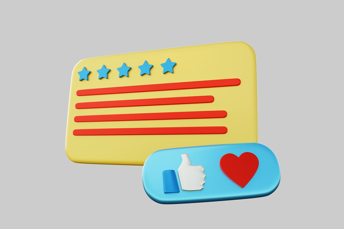 Download Rating system with five stars, thumbs-up, blue rectangle, and red heart. 3D Model