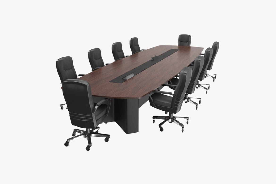 Download Rectangular Wooden Table with Central Cutout and Black Chairs 3D Model