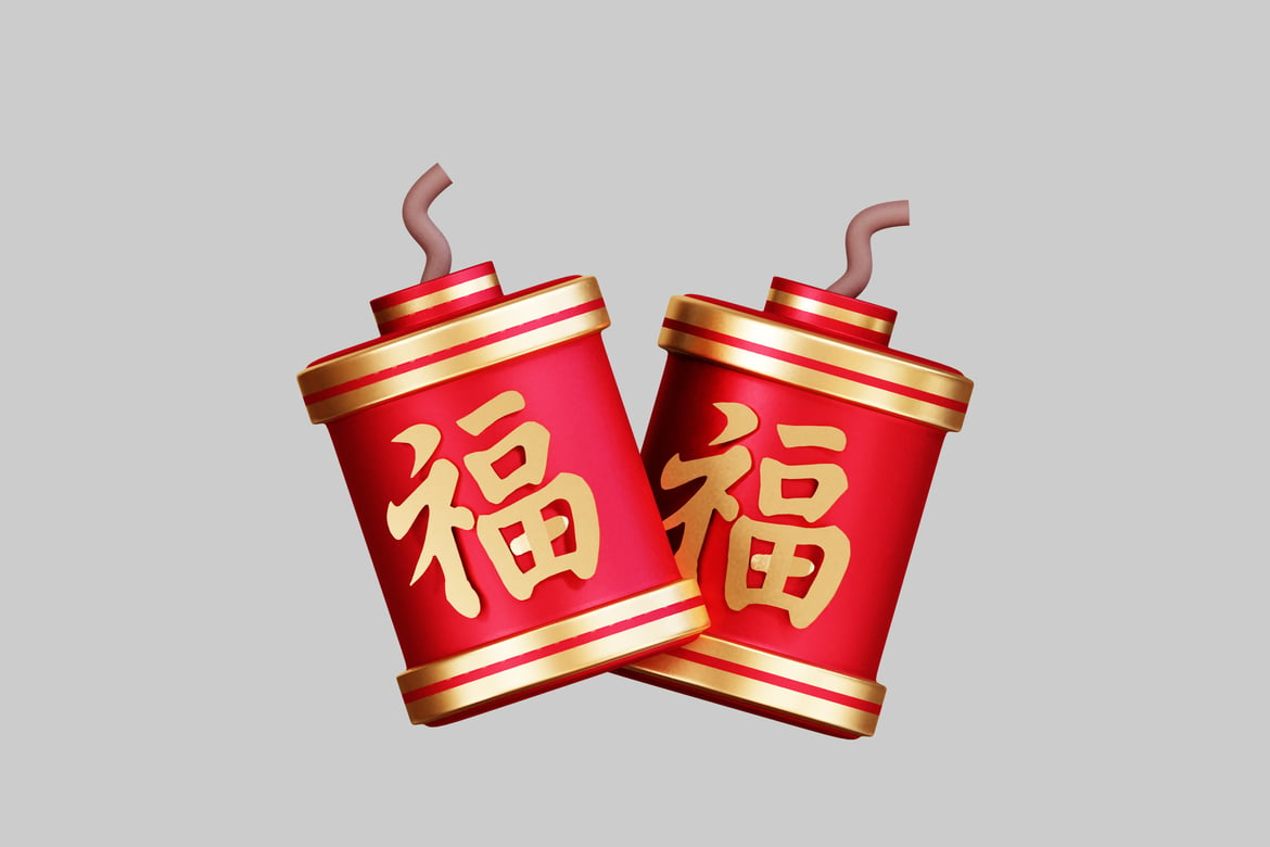 Download Red and gold cylindrical objects with Chinese character "fu" 3D Model