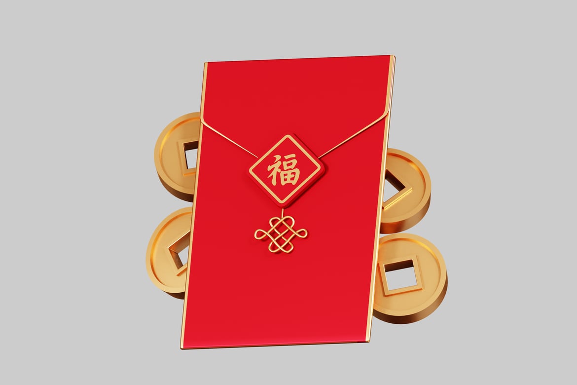 Download Red envelope with gold accents and coins 3D Model