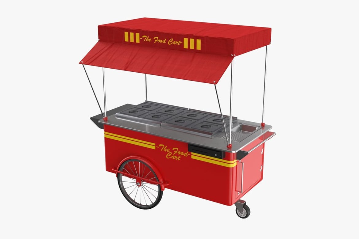 Download Red Food Cart with Yellow Accents and Silver Top 3D Model