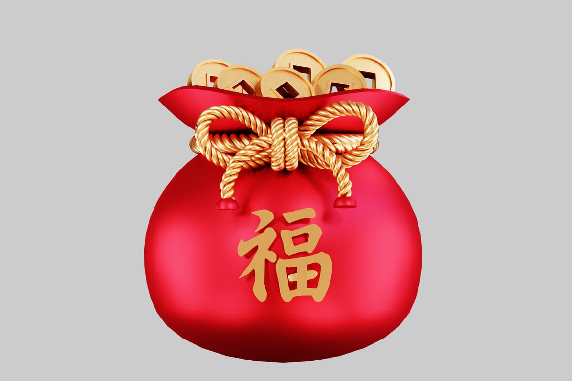 Download Red money bag with gold rope and coins 3D Model