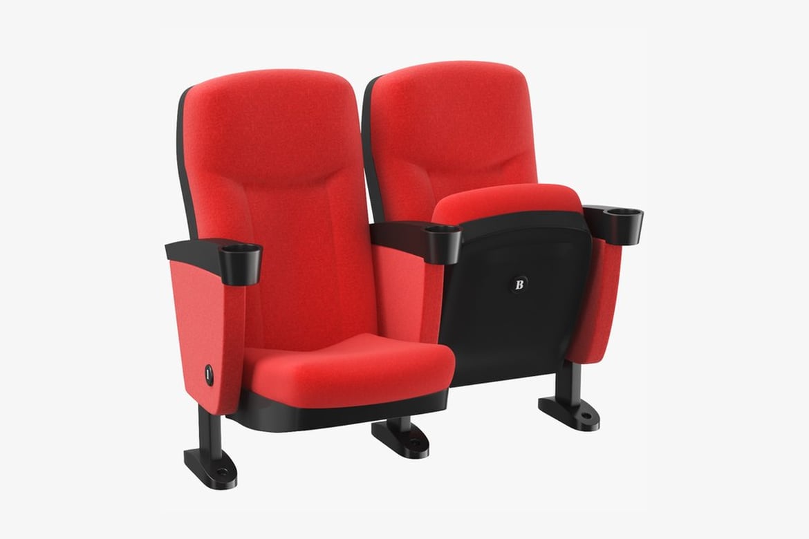 Download Red Theater Chair, Red and Black Theater Seats with Cup Holders and Logo 3D Model