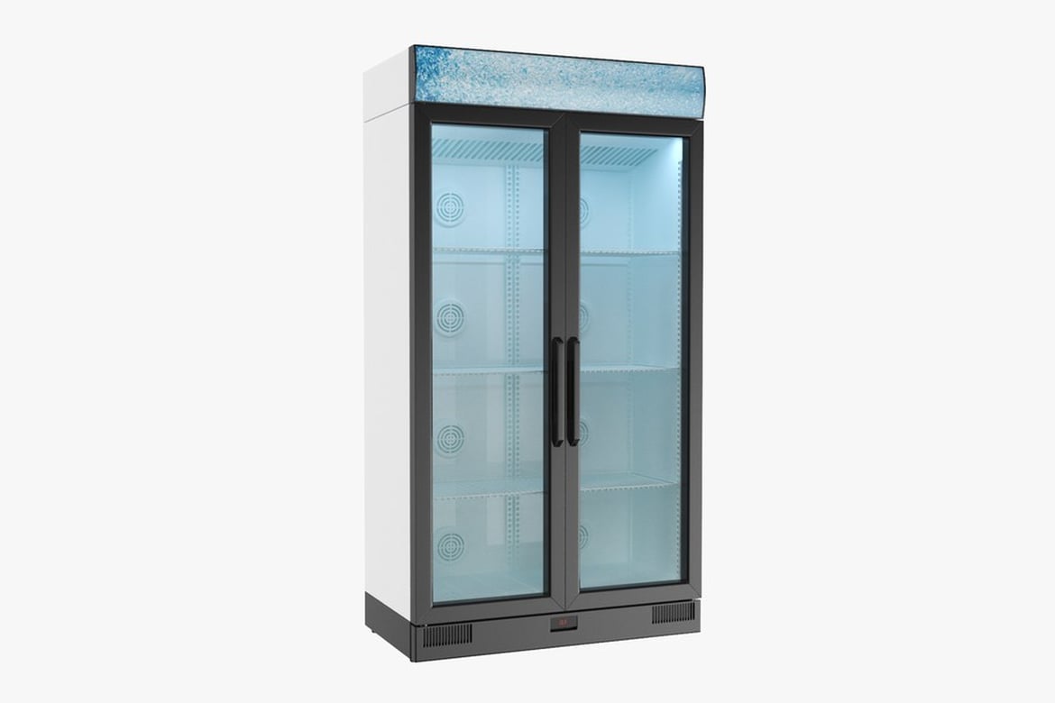 Download Refrigerator with Glass Doors and Circular-Patterned Shelves 3D Model