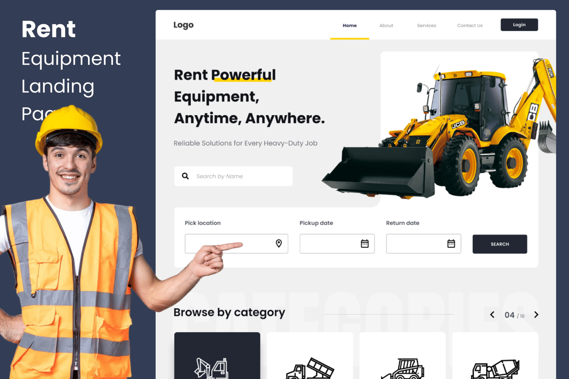 Download Rental - Rent Euipments And Machines Landing Page Figma Design